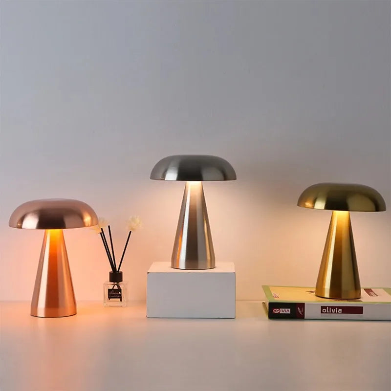 Mushroom Table Lamp Portable Touch Rechargeable LED Bedside Light Touch Control Reading Lamp for Bedroom Nightstands Metal