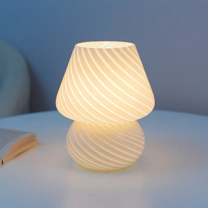 Glass LED Desk Lamp for Bedroom Bedside Striped Mushroom Table Decor Translucent Ring