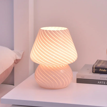 Glass LED Desk Lamp for Bedroom Bedside Striped Mushroom Table Decor Translucent Ring
