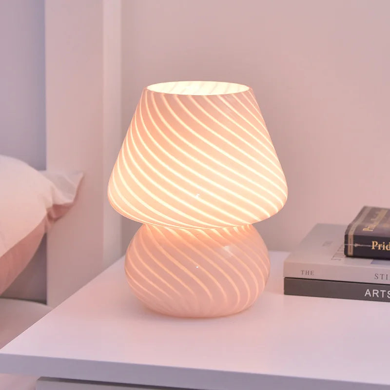 Glass LED Desk Lamp for Bedroom Bedside Striped Mushroom Table Decor Translucent Ring