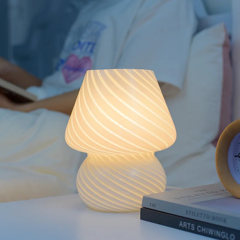 Glass LED Desk Lamp for Bedroom Bedside Striped Mushroom Table Decor Translucent Ring