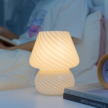 Glass LED Desk Lamp for Bedroom Bedside Striped Mushroom Table Decor Translucent Ring