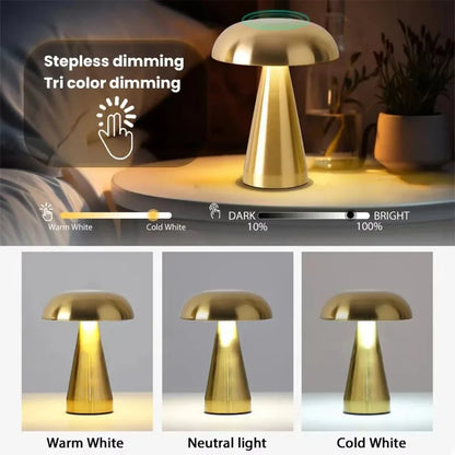 Mushroom Table Lamp Portable Touch Rechargeable LED Bedside Light Touch Control Reading Lamp for Bedroom Nightstands Metal